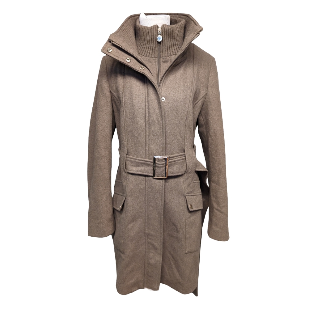 Calvin Klein Oat Beige Wool Blend Belted Zip Up Coat - Women's Size 10